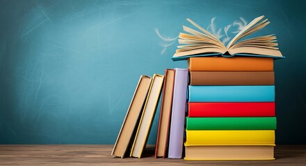 Colorful stack of books with an open book on top, pages gracefully flowing upwards against a vibrant blue background, symbolizing education, knowledge, and imagination.