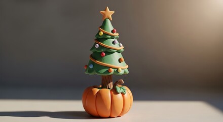 Festive Christmas Tree Decoration atop a Pumpkin Base, Holiday Ornament.