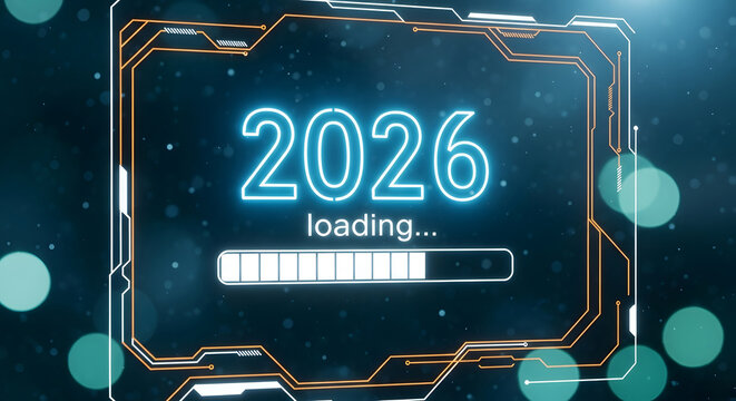 Futuristic loading screen displaying 2026 progress bar