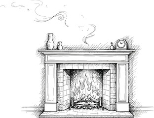 Fototapeta premium Fireplace drawing mantel fire logs smoke sketch illustration interior home art