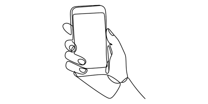 Continuous line art drawing of a human hand holding a modern smartphone, depicting mobile technology, digital communication, and internet interaction concept. Vector, illustration