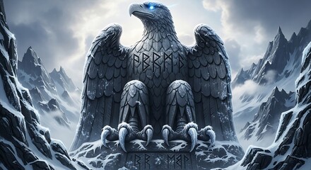 a majestic stone eagle statue with glowing blue eyes surrounded by a snowy mountainous landscape embodies ancient power and mythical symbolism high quality
