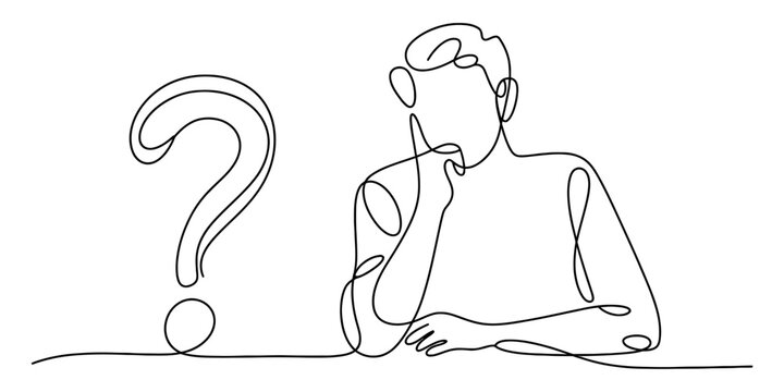 Continuous line art drawing of a pensive man contemplating a large question mark, symbolizing doubt, inquiry, and problem-solving concepts. Vector, illustration