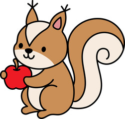 Brown squirrel holding a red apple.
