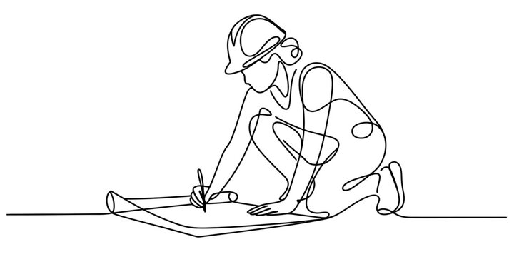 Continuous line drawing of a focused architect or engineer in a hard hat kneeling and working on construction blueprints, design plans. Vector, illustration