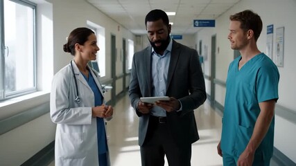 Healthcare Professionals Discussing Medical Data During Rounds in Hospital White Corridor with Modern Architecture and Natural Light from Window and Equipped with Medical Devices - Powered by Adobe