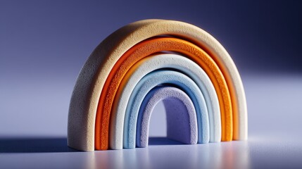 Obraz premium A pastel rainbow arch constructed from layered textured materials sits on a neutral surface under soft studio lighting.