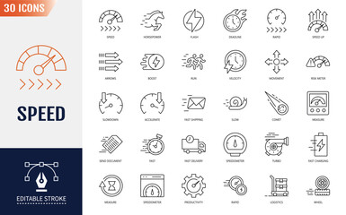Speed icon set. Containing fast, slow, movement, productivity, indicator, turbo, speeding, gauge, express and speedometer. Vector illustration