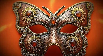 a close up view of an ornate brown and gold masquerade mask featuring decorative floral patterns and red gemstone accents against a