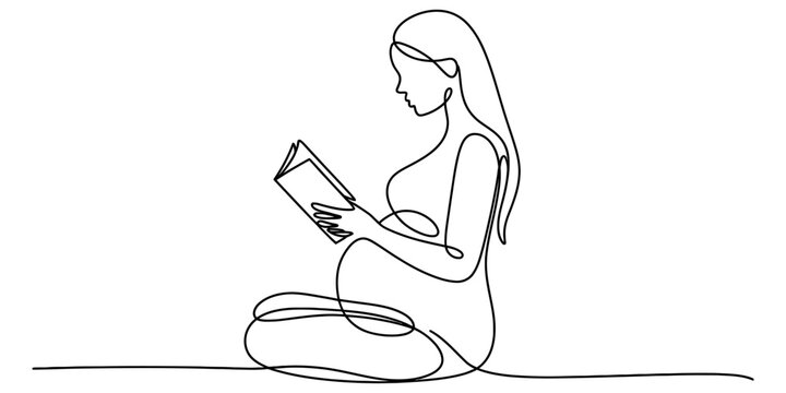 Continuous line art drawing of a serene pregnant woman thoughtfully reading a book, symbolizing maternity, education, relaxation, and peaceful anticipation. Vector, illustration