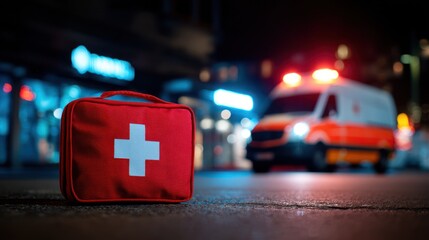 First aid kit on street at night with ambulance