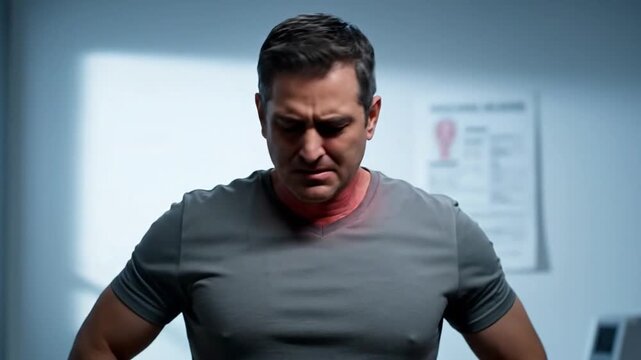 Man Experiencing Throat Pain in Medical Clinic Setting with Concerned Facial Expression Medical Healthcare Concept Patient Gripping Neck in Discomfort Gray Shirt and Light