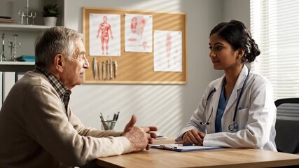 Mature Man Discussing Health Concerns with a Smiling Indian Female Doctor in Clinic with Anatomical Posters Patient Doctor Consultation Healthcare Scenario