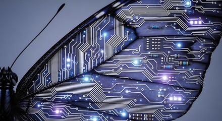 a close up view showcases a butterfly wing intricately designed with glowing circuit board patterns and deep space imagery high quality professional detailed