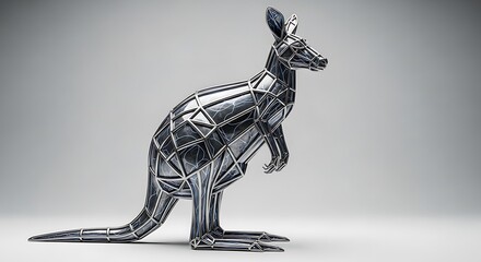 a strikingly detailed polygonal metal sculpture of a kangaroo stands in a poised posture showcasing modern art and geometric design innovation high quality