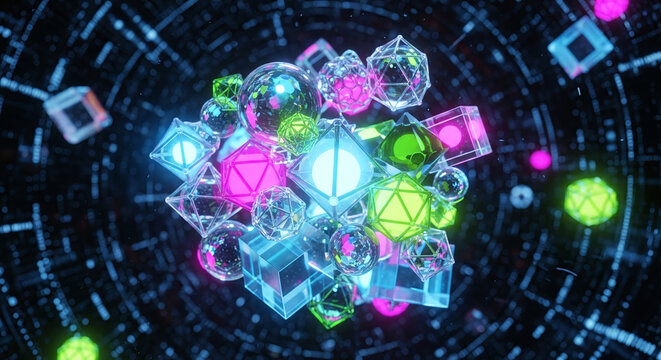 Abstract Digital Data Flow Geometric Shapes Neon.