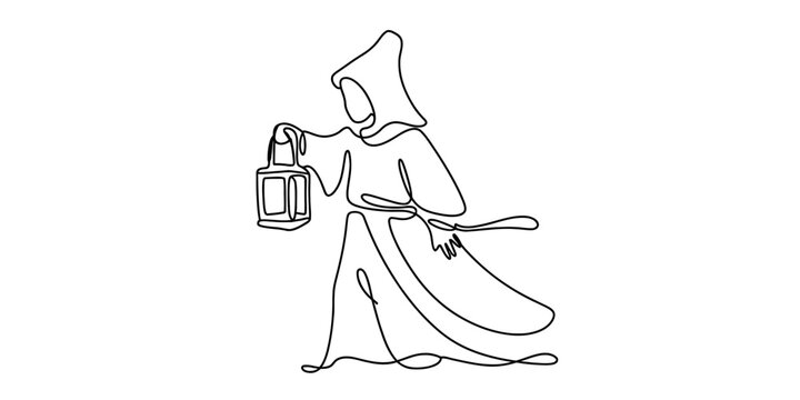 Continuous line drawing of a mysterious hooded figure in a robe holding an old lantern, minimal one-line art illustration on white background Vector, illustration