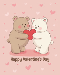 Doodle cute couple bear with heart illustration for valentine's day card. Couple bear with heart for valentine day theme printable. Cute card for valentine's day card.