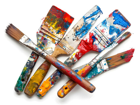 Colorful used paint brushes arranged on a white background - Powered by Adobe