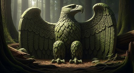 a majestic eagle statue stands prominently within a dense enchanted forest setting surrounded by lush greenery and ancient stone pathways high quality professional