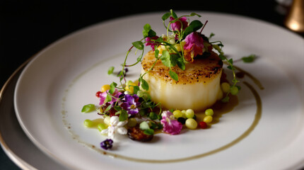 Exquisite seared scallop artfully decorated with edible flowers for upscale dining experiences and gourmet menus
