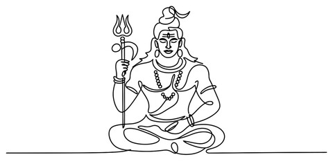 Continuous line art of hindu deity lord shiva meditating with a trishul, representing spiritual enlightenment, divine power, and eternal peace. Vector, illustration
