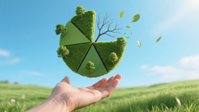 A human hand gently holding a floating piece of green land shaped like a pie chart with small trees growing, circle is divided into segments, representing environmental sustainability and growth.