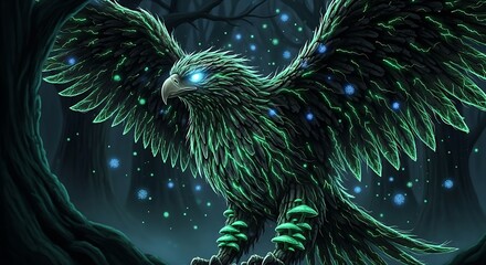 a majestic glowing green eagle with outstretched wings soars through a dark forest illuminated by magical floating lights and mystical mushrooms high quality