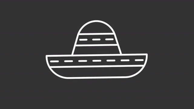 Animated sombrero white line icon. Mexican hat animation. Traditional accessory of Latin national clothes. Stylish headwear from Mexico. Isolated element on dark background. Alpha transparent video