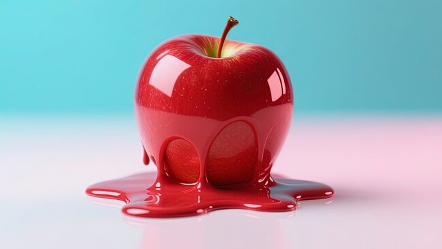 Abstract of red apple with stem and reflection on red liquid. 3d illustration