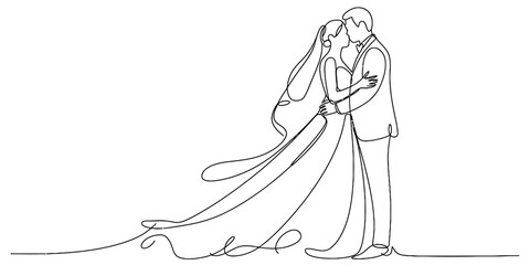 Continuous line art of a newlywed couple, bride in dress and groom in suit, sharing a tender kiss, symbolizing love, union, marriage Vector, illustration