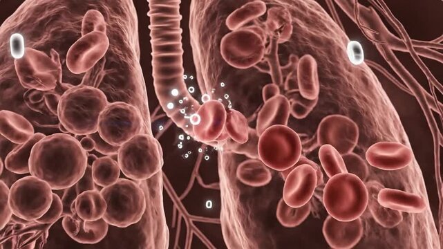 Human lungs with blood vessels and red blood cells. Medical illustration of respiratory system. Diagnostic imaging of lungs. Healthcare and anatomy concept. Vector illustration.