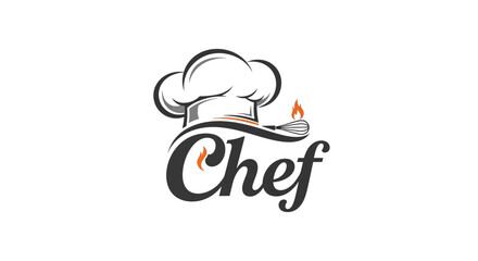 Artistic culinary emblem featuring a distinguished chef's hat alongside a stylized whisk with a flame, symbolizing gourmet cooking, professional kitchen expertise, and passion for food