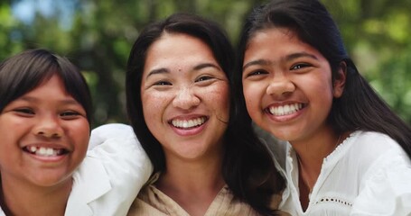 Face, mother and girls in park, funny and bonding together with care, trust and laughing. Portrait, family and parent with kids, outdoor or children with happiness, nature or love with smile or humor - Powered by Adobe