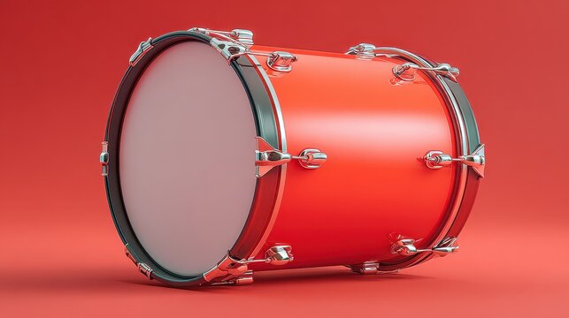 A bright red bass drum with shiny chrome lugs and hoops rests on a seamless red studio backdrop with soft lighting.