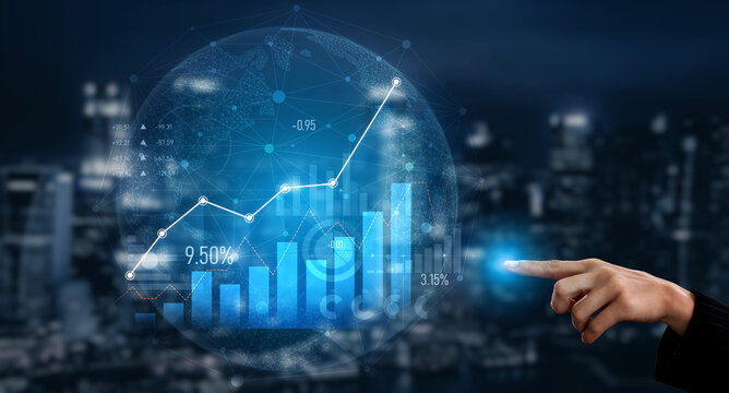 Futuristic digital visualization features financial growth charts with a hand pointing at data indicators, showcasing business analytics against a city skyline backdrop. Scalp - Powered by Adobe