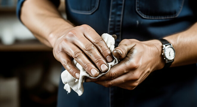 Close-up dirty mechanic hands wiping grease with white cloth after working hard labor intensive maintenance job industrial environment