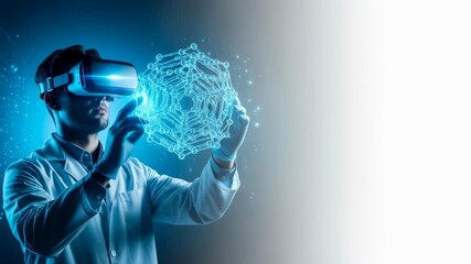 Male scientist in lab coat wearing a virtual reality headset interacting with a 3d molecule. High-tech artificial material science and vr concept. - Powered by Adobe