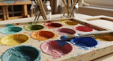 Close up vibrant watercolor paint palette with an artist's brush stirring rich blue color inspiring creative expression and artistic hobby activity