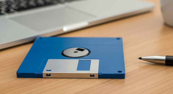Vintage blue floppy disk old digital data storage technology device retro computer accessory on wooden desk with laptop background - Powered by Adobe