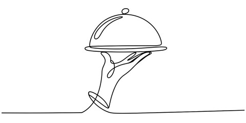 Fototapeta premium Continuous line drawing of a hand holding a cloche, symbolizing restaurant service, fine dining, exclusive delivery, and catering concept art Vector, illustration