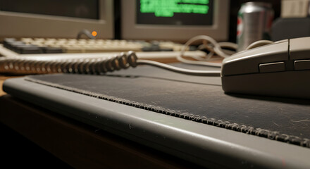 Vintage computer mouse and mousepad from the 1990s era representing old technology and nostalgic computing setup