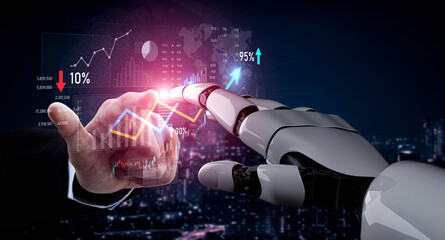 A human hand reaches to connect with a robotic hand, surrounded by dynamic data visualizations,...
