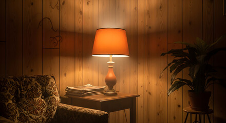 Vintage table lamp casts warm inviting glow on wooden wall in cozy retro home interior evening scene