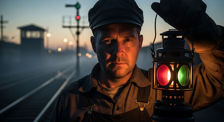 Serious railroad worker holding glowing signal lantern at twilight on foggy tracks symbolizing dedication operational control and journey safety