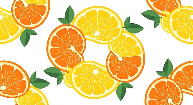 Vibrant Citrus Slices Pattern on White Background.