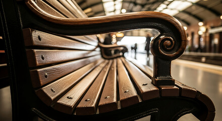 Empty wooden bench at a bustling urban train station platform symbolizing travel waiting public transit and city transportation infrastructure