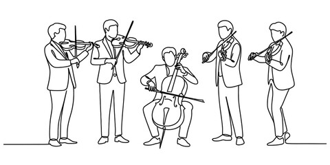 Continuous one line drawing of a classical string ensemble playing violins and cello, depicting musical performance art concept vector illustration Vector, illustration