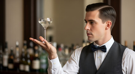 A professional young male bartender elegantly presents a classic cocktail expertly crafted at a luxurious upscale bar environment