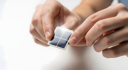 Person holding a small square solar panel cell demonstrating renewable energy technology and innovation